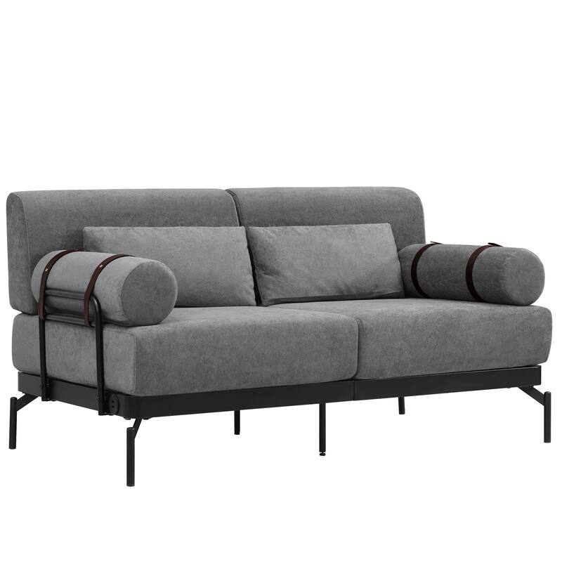 Chenille Loveseat Sofa, 59" 2 Seater Sofa with USB Ports, Round Arms, Adjustable Faux Leather Straps for Living Room