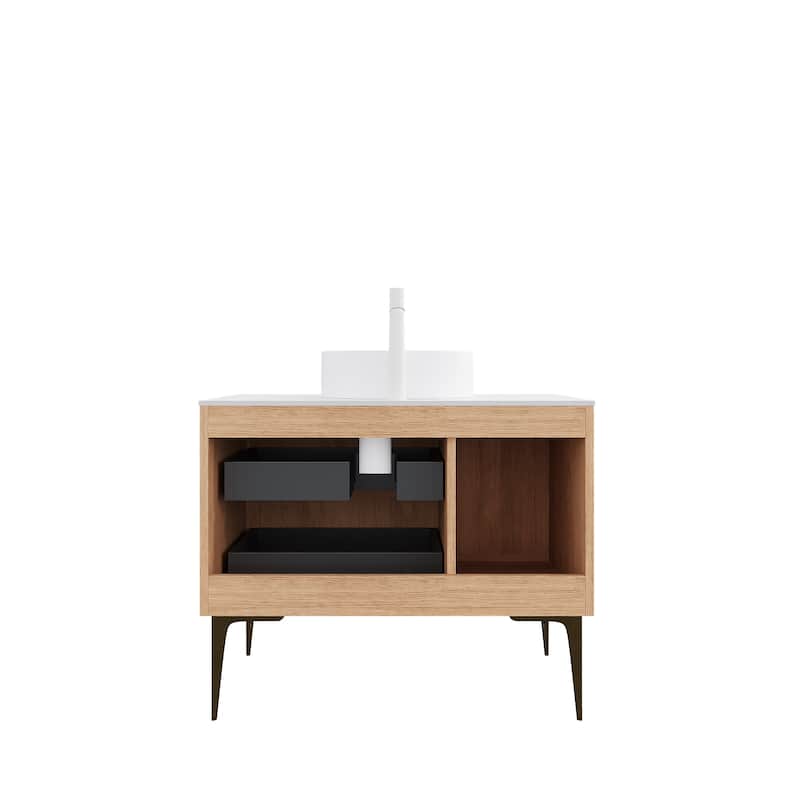 36" Freestanding Vanity with Ceramic Sink‌ – Plywood Cabinet, 4 Metal Legs, 2 Drawers & 1 Door – Pre-Assembled, No Faucet.