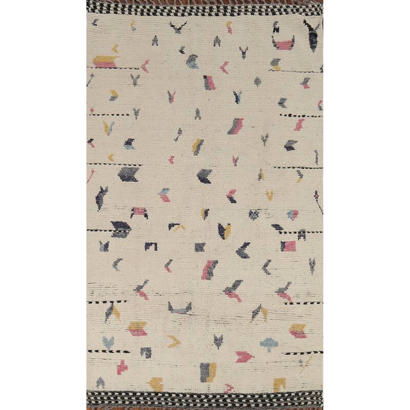 Earth Tone Moroccan Area Rug Hand-Knotted Beige Wool Carpet - 4'10"x 9'2"