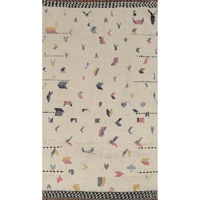 Earth Tone Moroccan Area Rug Hand-Knotted Beige Wool Carpet - 4'10"x 9'2"