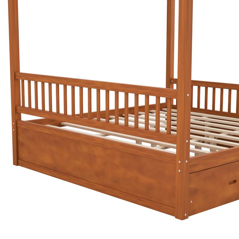 Wooden Canopy Bed with Storage Drawers, Low-Profile Four Poster Platform Bed with Wood Slat Support, No Box Spring Needed