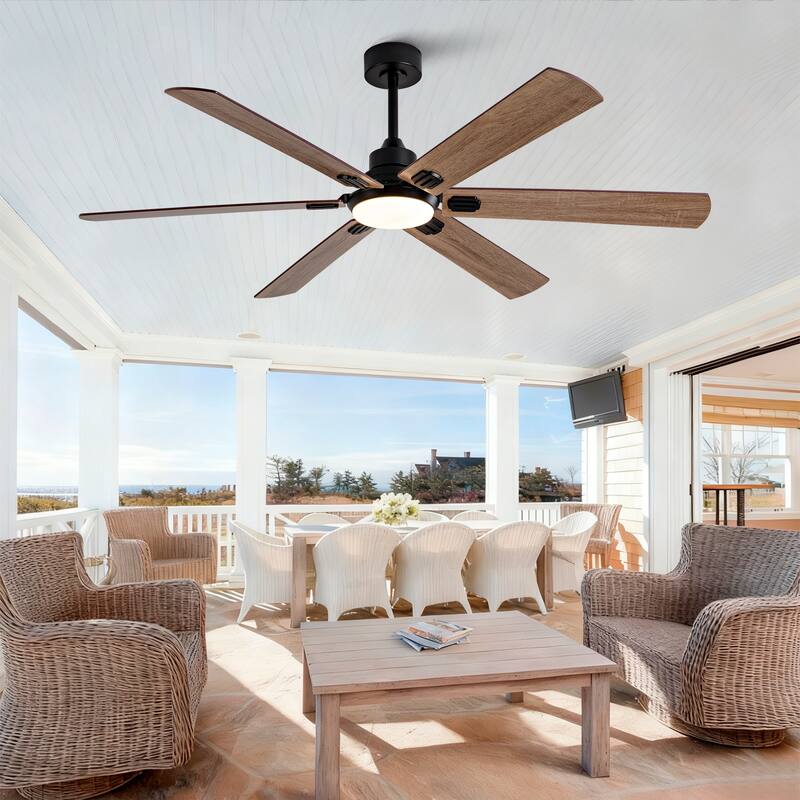 Smart 60" Indoor/Outdoor Ceiling Fan with Light, Dual Finish Black/Walnut 6-Blade, Remote Control, Dimmable LED