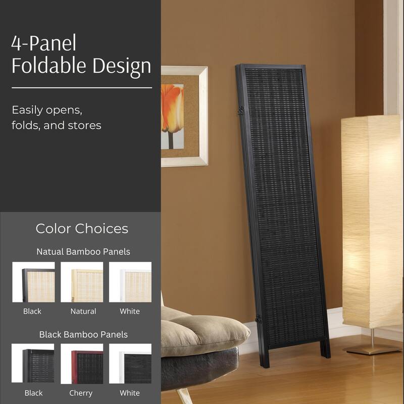 Roundhill Furniture Inkwell 4-Panel Bamboo Room Divider, Folding Portable Partition Screen