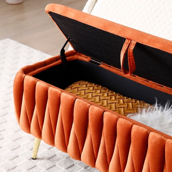 Oval Velvet Storage Bench Ottoman Storage with Gold Legs,Orange