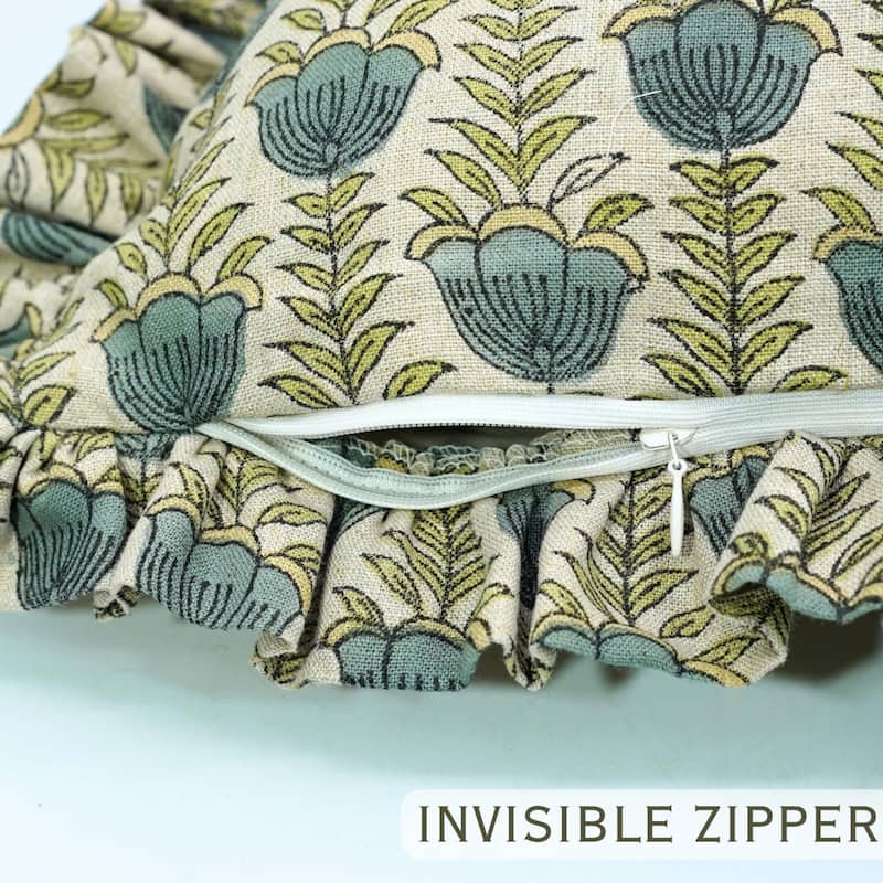 Fabdivine Handmade Block Print Floral Frill Both Side Soft Boho Pure Linen Pillow Cover