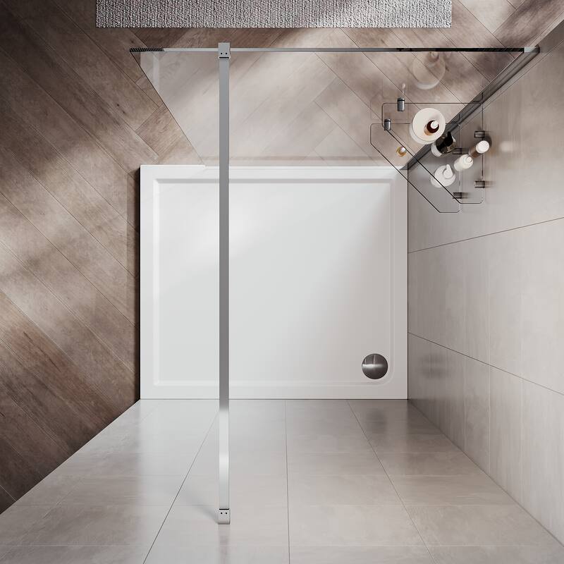 Elegant Frameless Fixed Glass Panel Shower Door 74inch High with 5/16inch Clear Tempered Glass with 2 Corner Shelves