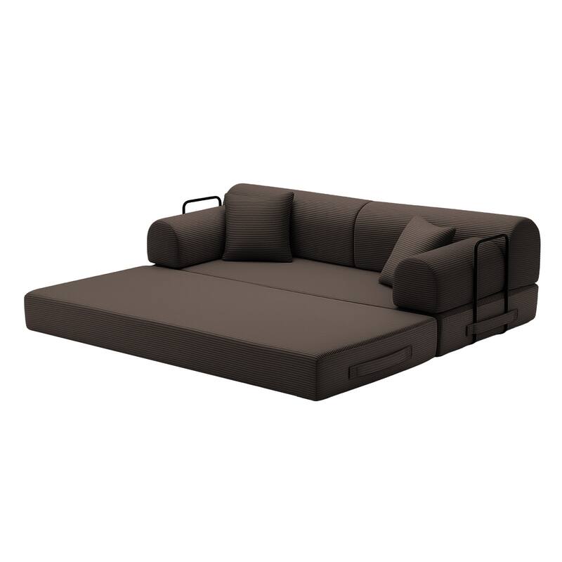Convertible Sleeper Sofa Bed with Cylindrical Pillow, Corduroy Folding Mattress Couch with Fixed-Shape Frame for Bedroom