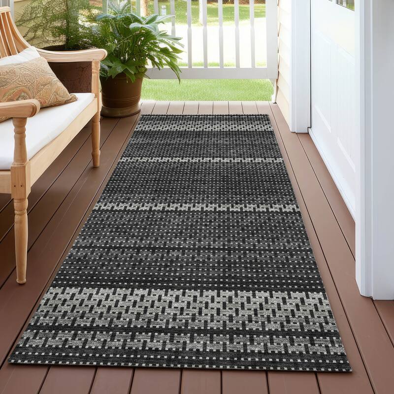 Machine Washable Indoor/ Outdoor Boho Stripe Chantille Rug - Black - 2'3" x 7'6"