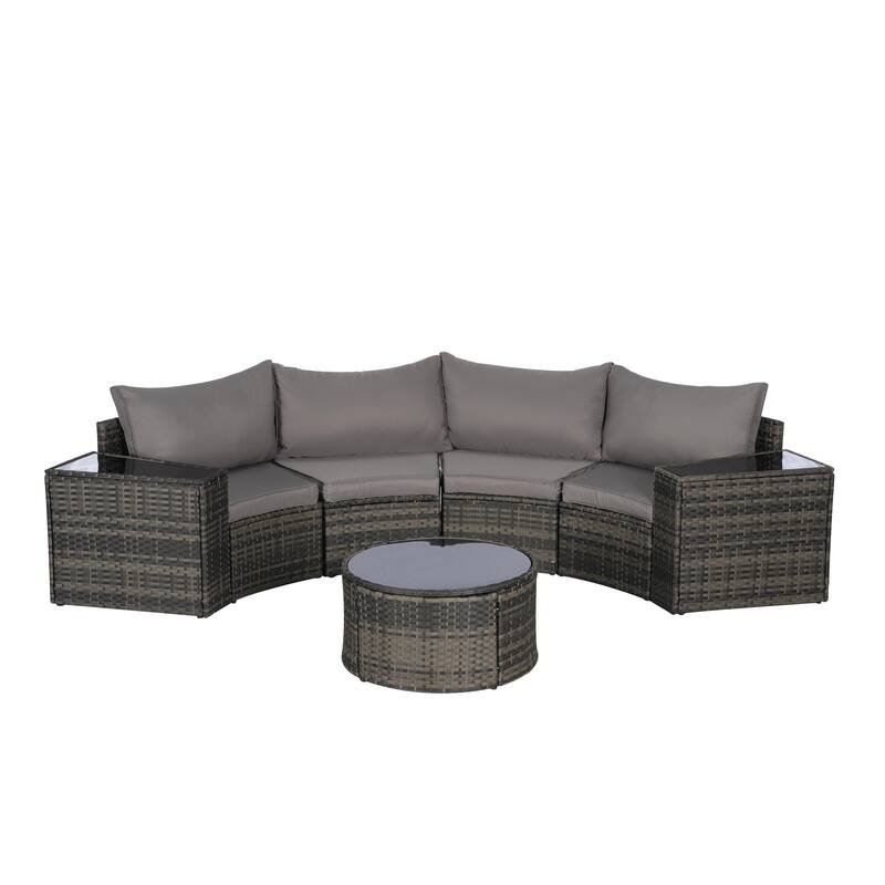 7-Piece Outdoor Patio Half-Moon Sectional Sofa Set with Tempered Glass Coffee Table