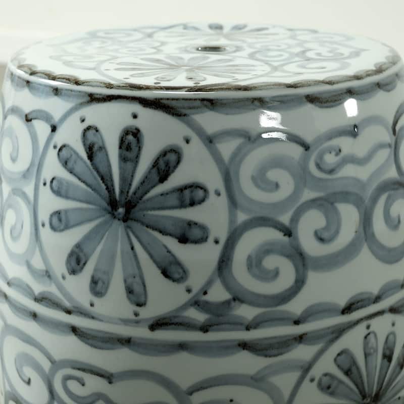 Approx. 17" High Soft Sky Blue Hand-Glazed Ceramic Garden Stool with Flower Motif