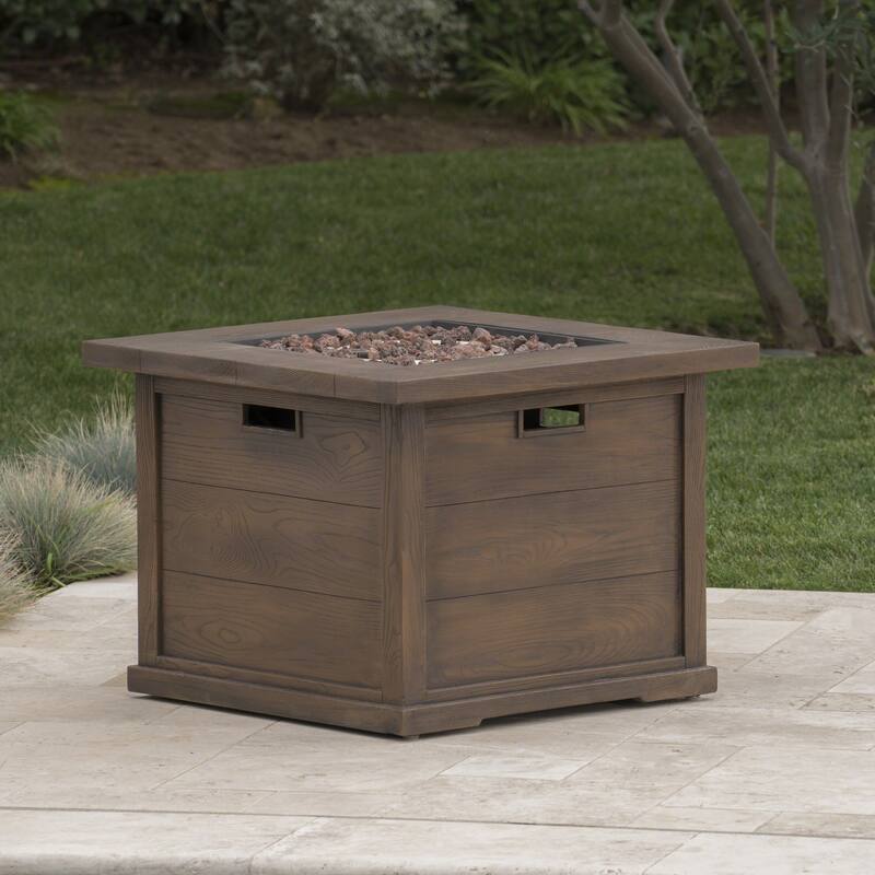 Roomfitters Outdoor Gas Fire Pit Table with Wood-Look Design, Square Propane Fire Pit with Lava Rocks, Brown