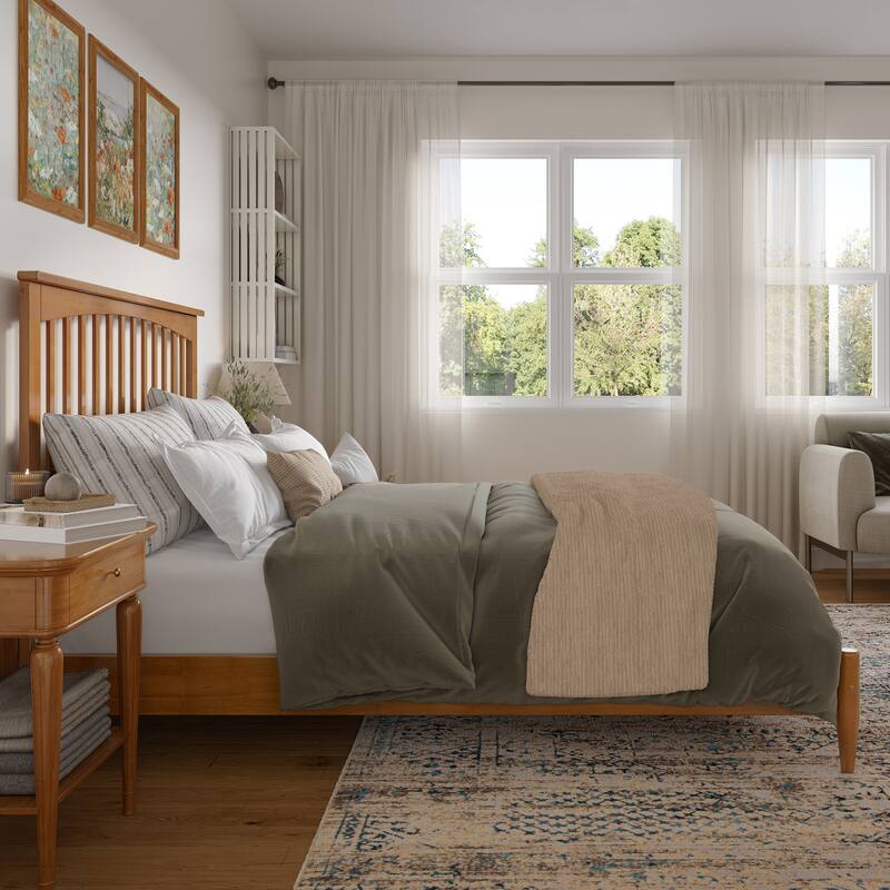 Solid Wood Low Profile Platform Bed - Modern Style Bed Frame, Light Toffee Finish