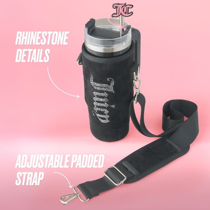Juicy Couture Jetsetter Hydration Stainless Steel Tumbler with Handle, Straw & Topper with Velour Crossbody Pouch