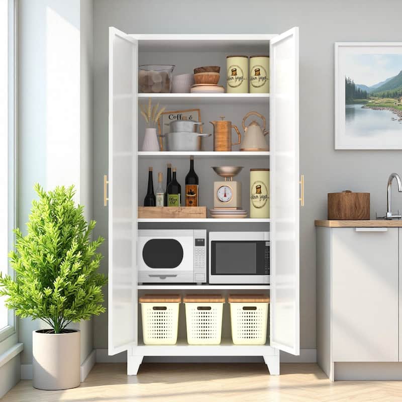 Anmytek White Metal Storage Cabinet with 2 Doors and Adjustable Shelves for Bedroom, Living Room