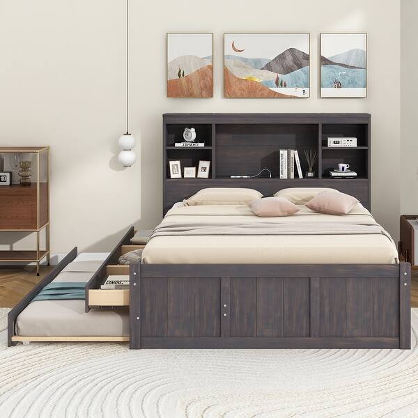 slide 2 of 30, Full Size Platform Bed with Storage Headboard, Trundle, Charging Station, Antique Brown