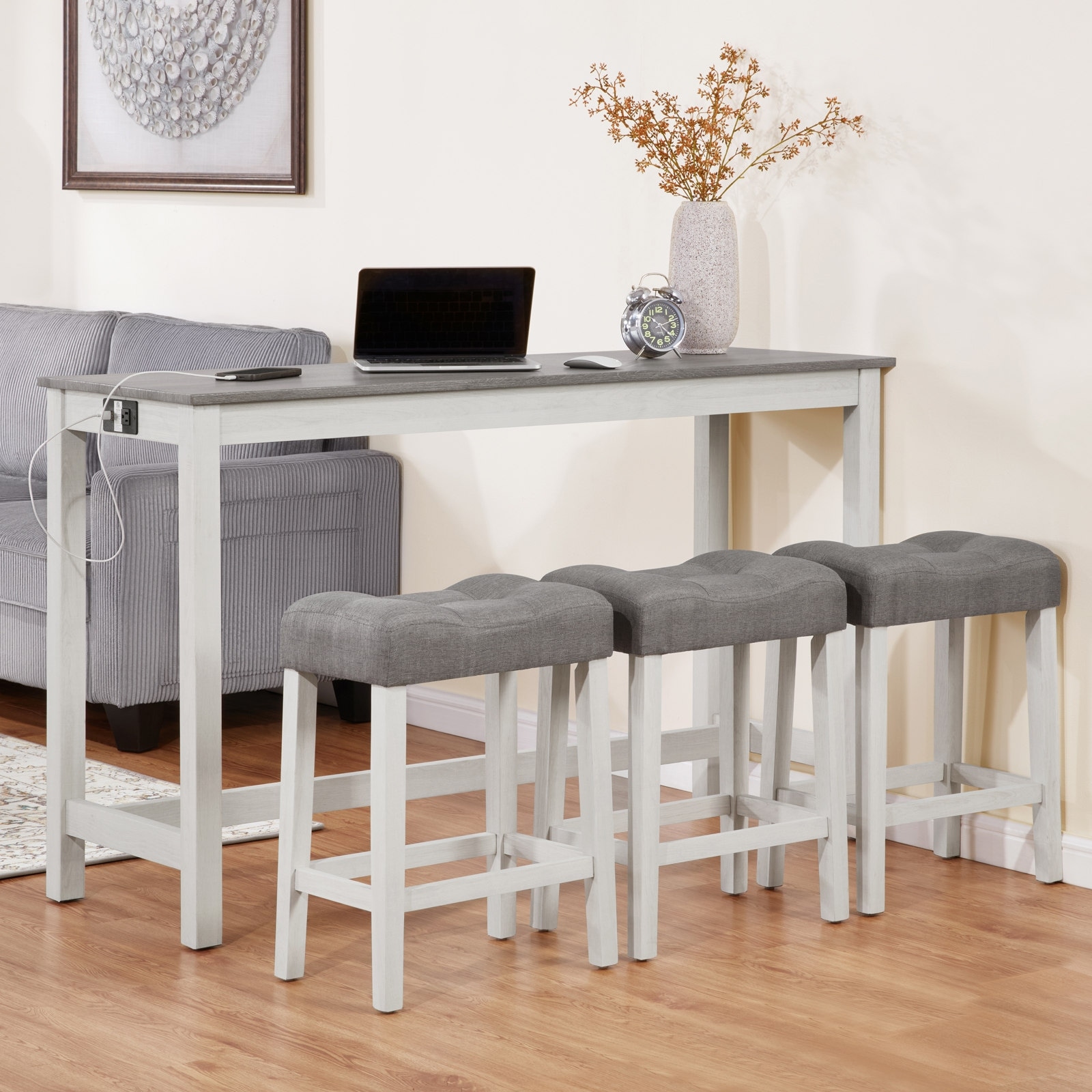 4-Piece 59-inch Counter Height Dining Set with 3 Upholstered Stools and Power Outlets