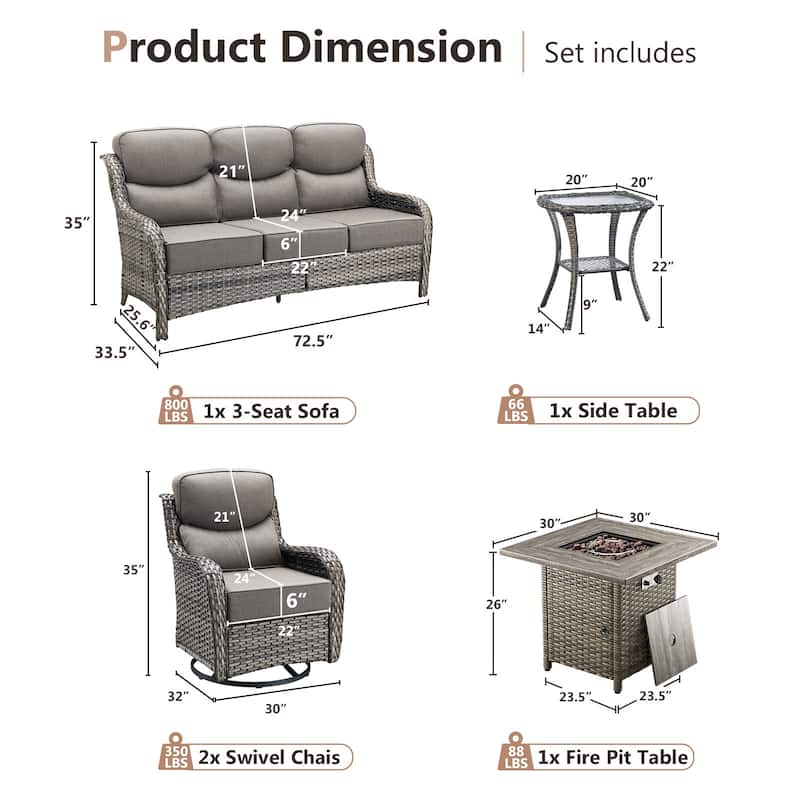 Pocassy 5 Pieces Outdoor 6" Sofa Swivel Chair with Fire Pit Table