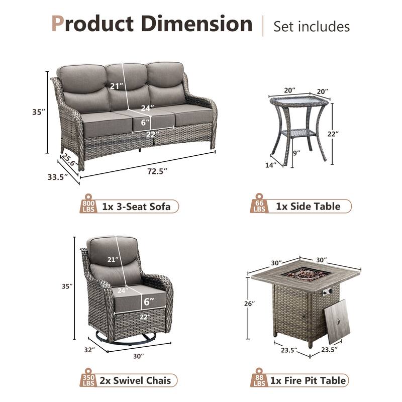 Pocassy Outdoor 6" Sofa Swivel Chair with Fire Pit Table