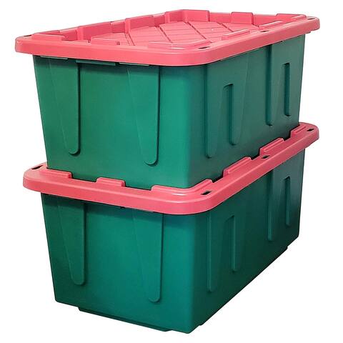 HOMZ Durabilt 27 Gallon Heavy Duty Holiday Storage Tote, Green/Red (2 Pack)