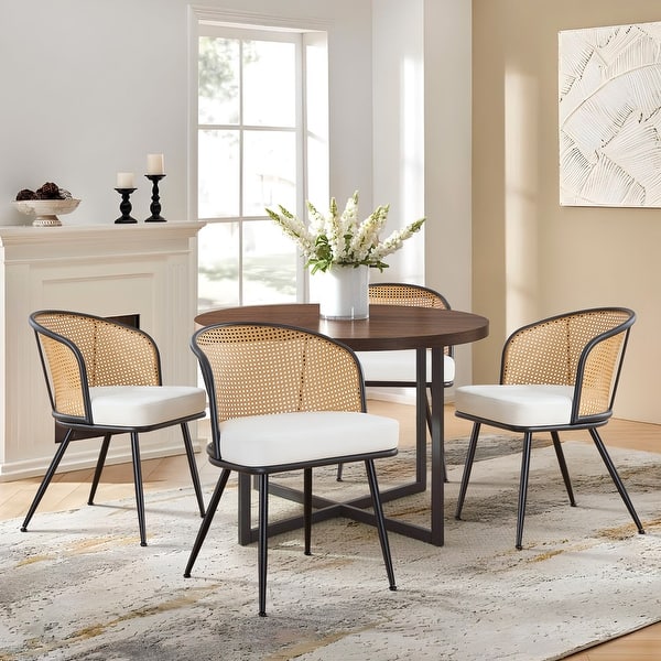 Rattan Upholstered Dining Chairs- Set of 2, Fabric-White