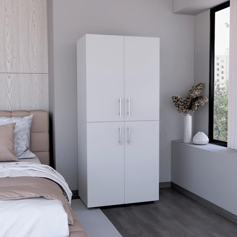 31.5" Modern Four-Door Armoire with Six Shelves and Two Hanging Rods for Bedroom - White