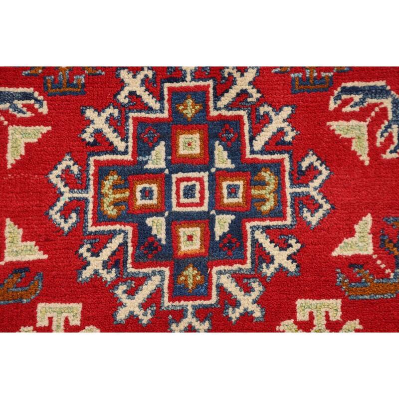 Geometric Red Kazak Oriental Accent Rug Bedroom Handmade Wool Carpet - 2'8" x 4'3"