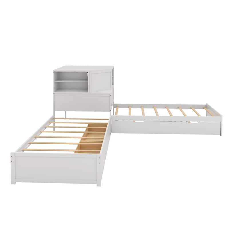 3-in-1 L-Shaped Twin Platform Bed with Trundle, LED-Lit Storage Hub & Built-In Corner Desk by Harper&Bright Designs
