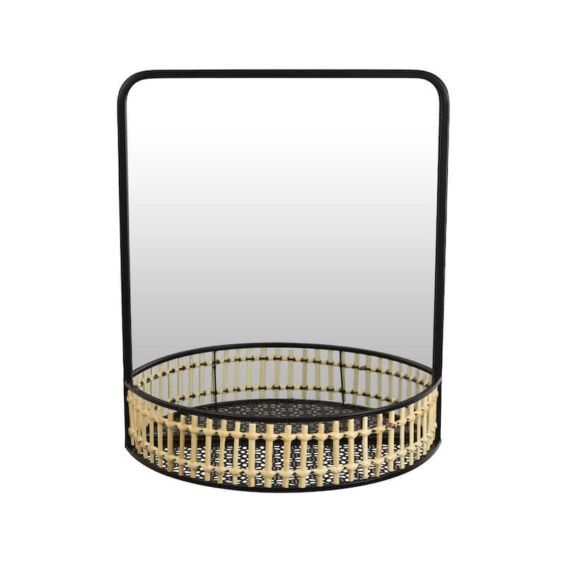 Elpis Wall Mirror Decor with Woven Shelf, 20 Inch Tall Black Metal