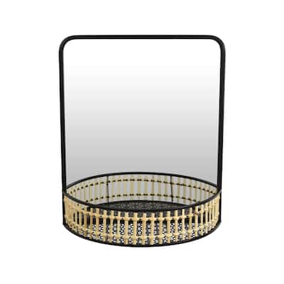 Elpis Wall Mirror Decor with Woven Shelf, 20 Inch Tall Black Metal