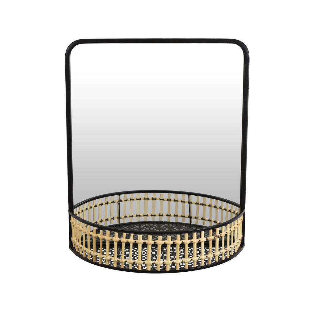 Elpis Wall Mirror Decor with Woven Shelf, 20 Inch Tall Black Metal