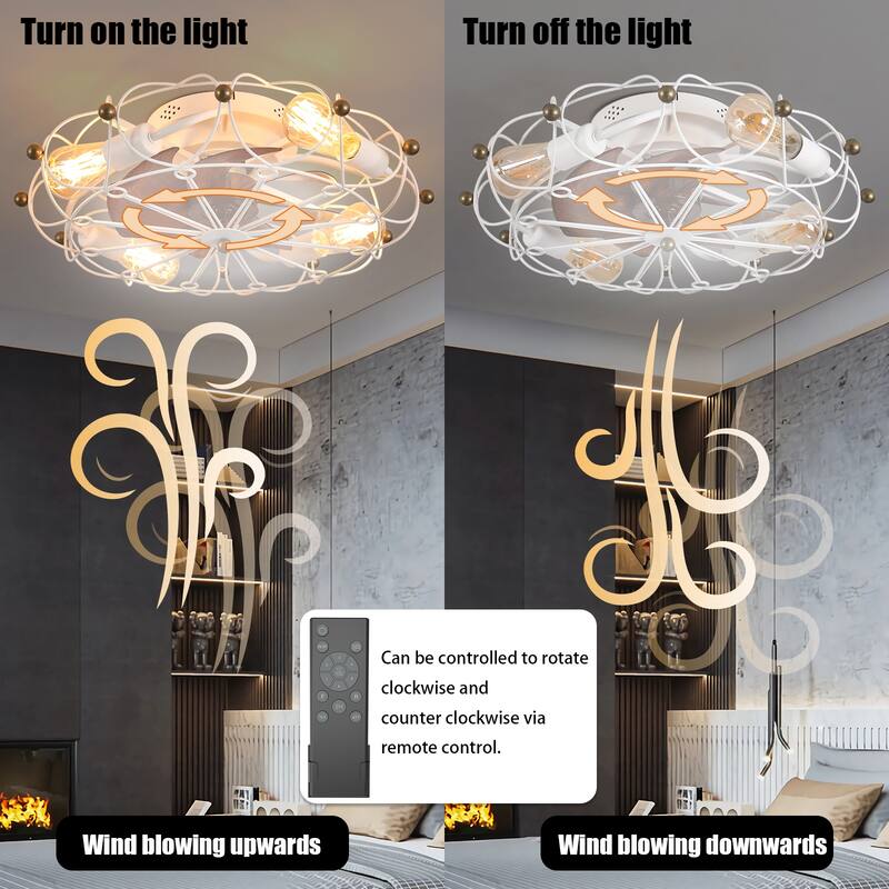 Modern Flush Mount Ceiling Fan Light with Light and Remote Control, Cage Design for Bedroom and Living Room