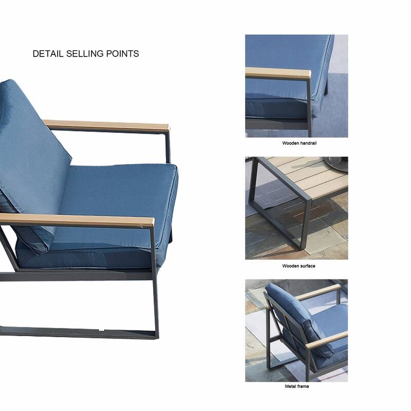 4-Piece Modern Outdoor Sofa Set - Iron Frame with Grey Cushions and Faux Wood Grain Coffee Table