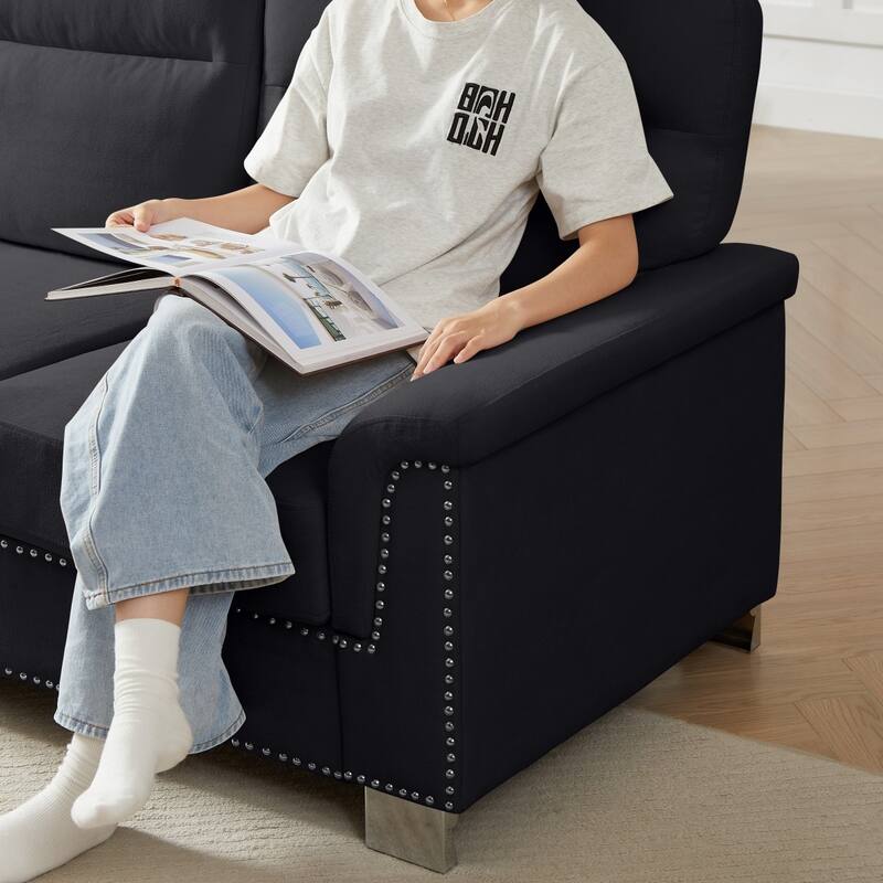 84.2" Modern Snowfleece Fabric 3-Seater Sofa with Nailhead Trim