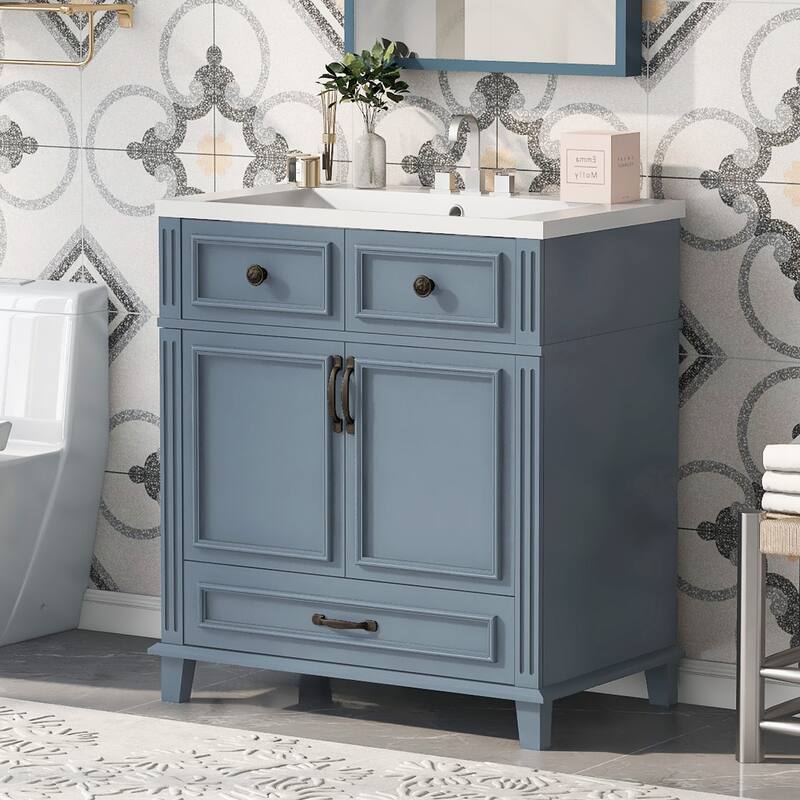 30'' Bathroom Vanity with Resin Sink,Solid Wood Frame Bathroom Storage Cabinet with 2 Soft Closing Doors and 1 Storage Drawer