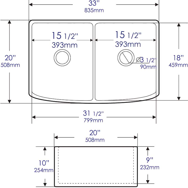 ALFI Brand White Smooth Curved Apron 33" x 20" Double Bowl Fireclay Farm Sink with Grid