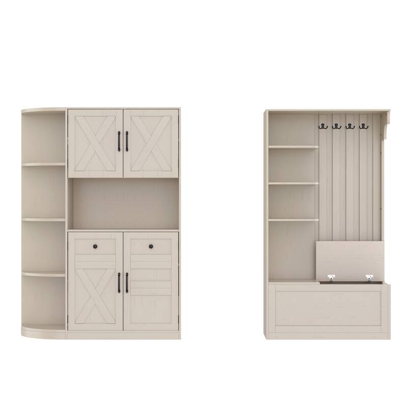 2-in-1 Hall Tree & Storage Cabinet for Living Room, Multifunctional Left-Right Combination Hall Cabinet with Bench and 4 Hooks