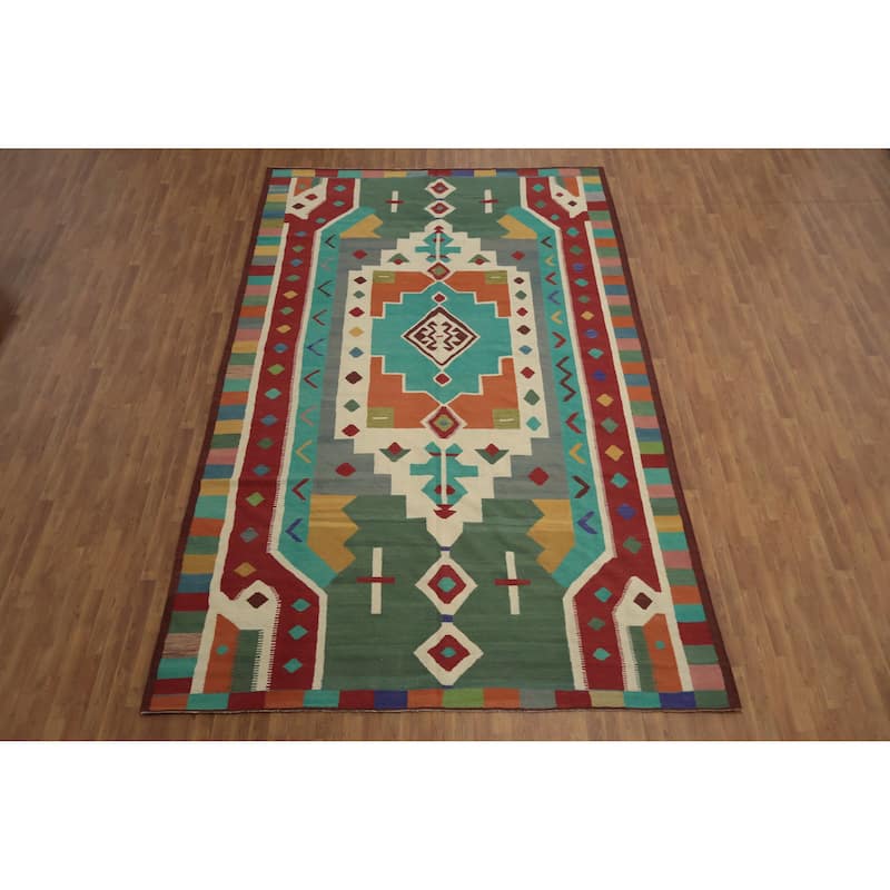 Hand Woven Oriental 100% Wool Carpet Southwestern Tribal Multi-Colored Kilim Area Rug - 14' 3'' X 8' 10''