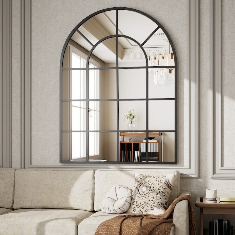 Arched Windowpane Bathroom Mirror with Metal Frame