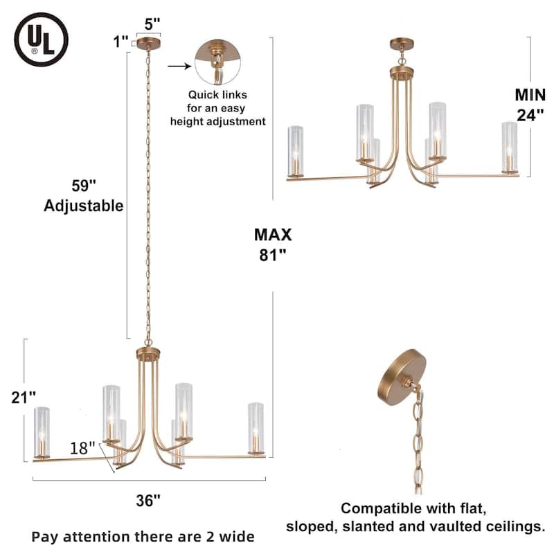 Mid-Century Modern 6-Light Gold Chandelier Metal Glass Island Light for Dining Room - D 36" x H 21"