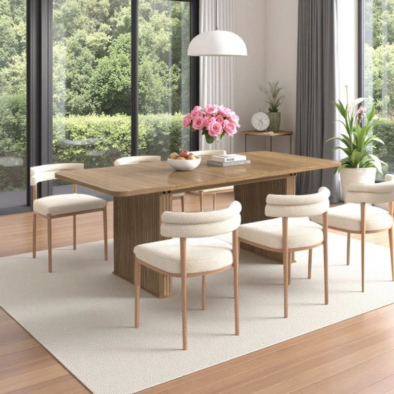 Rounded stripes Extendable Dining Table for 6-10 People, Wood Table with Double Robust Pedestal, Conference Meeting Table
