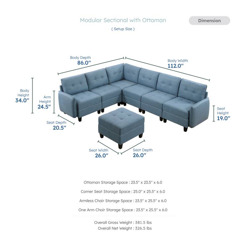 Dorian Textured 7-Piece Sectional Sofa - Storage and Ottoman