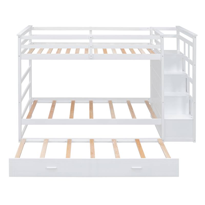 Staircase Bunk Bed with Twin Size Trundle, Storage Stairs and Full Length Guardrail, Solid Wood Bunk Bed, No Spring Box Needed