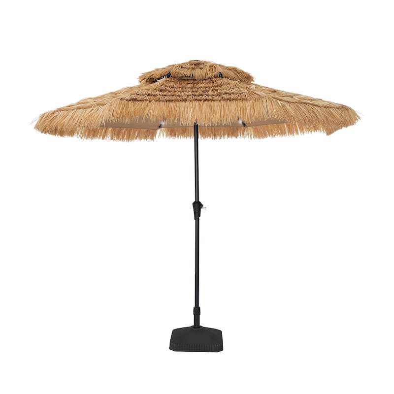 Clihome 9FT Patio 2-Top Hawaiian Style Thatch Umbrella With Lights - Brown With B-base