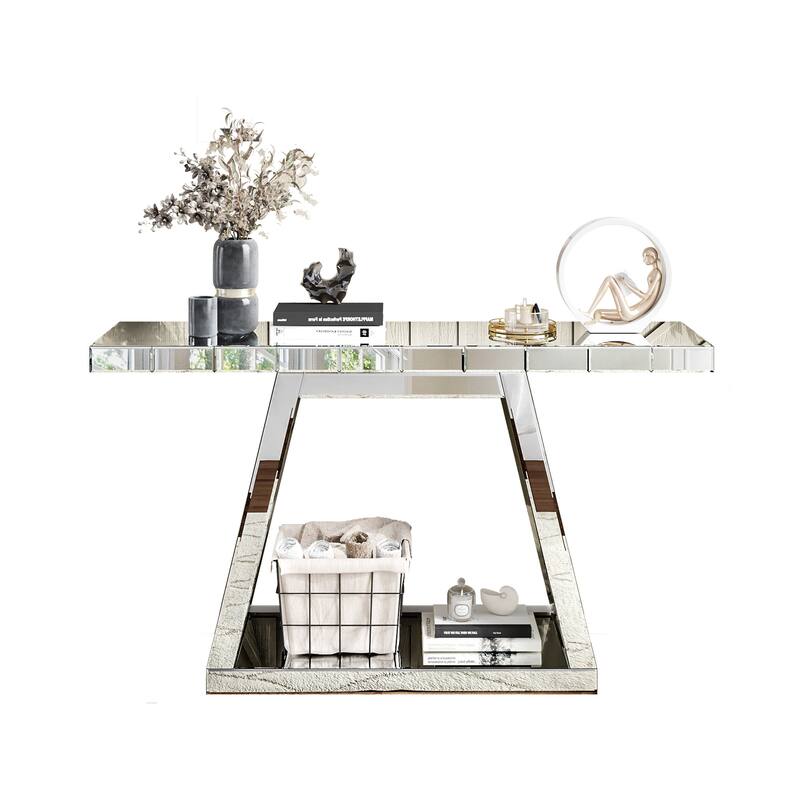 Silver Console Table with Trapezoid Base, Full-Body Mirror Entryway Table