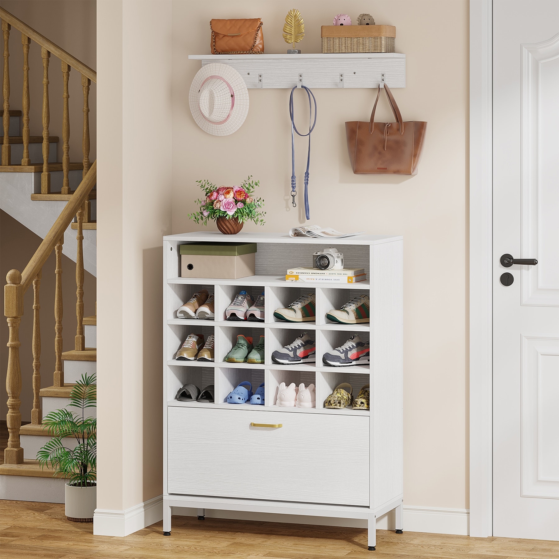 Shoe Cabinet with Coat Rack 3 in 1 Entryway White Shoe Rack with Hidden Door 12 Cubbies 5 Hanging Hooks Bed Bath Beyond 37166587
