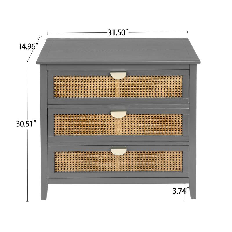 Rattan Storage Cabinet with Wood Grain Finish & Semi-Circle Metal Handles, Accent Cabinet with Anti-Slip Foot Pads