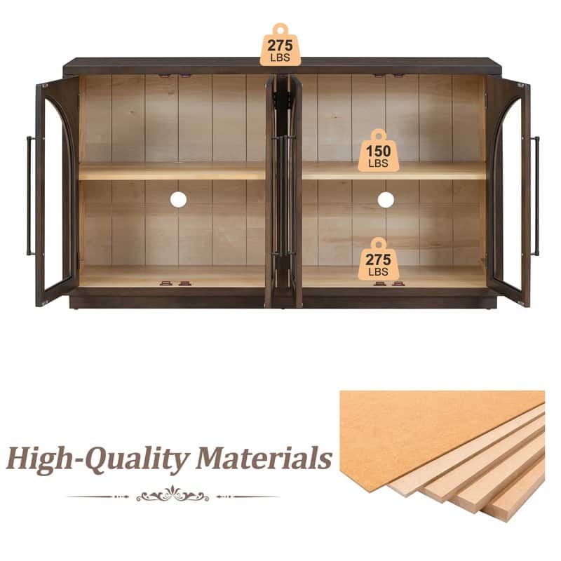 Retro Style Wood Buffet Sideboard with 4 Arched Glass Doors, Kitchen Storage Side Cabinet with Adjustable Shelves