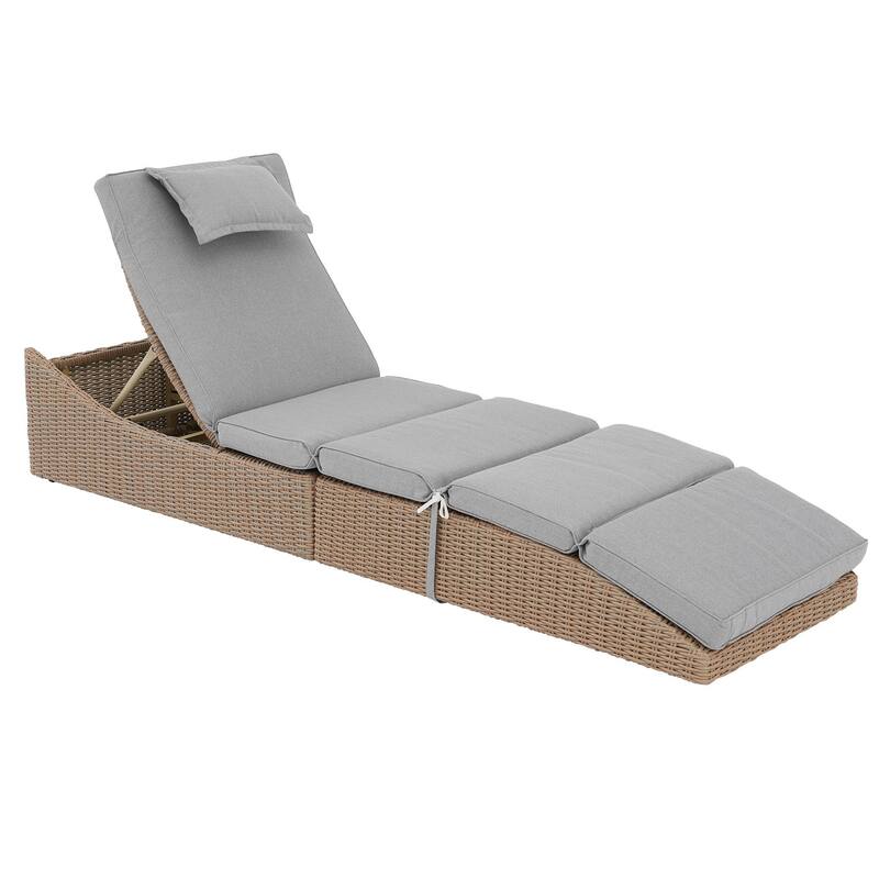 Patio Wicker Chaise Lounge Recliner Foldable Chair, w/ 5 Adjustable Back Positions & Cushion