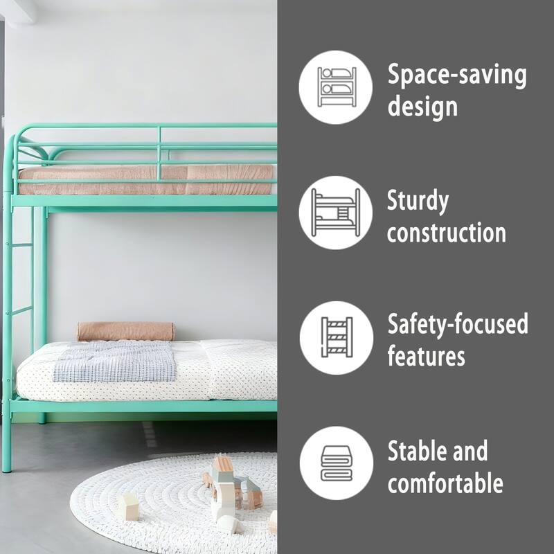 Twin Over Twin Metal Bunk Bed with Dual Ladders, Full Length Guardrails, Heavy Duty Frame, No Box Spring Needed