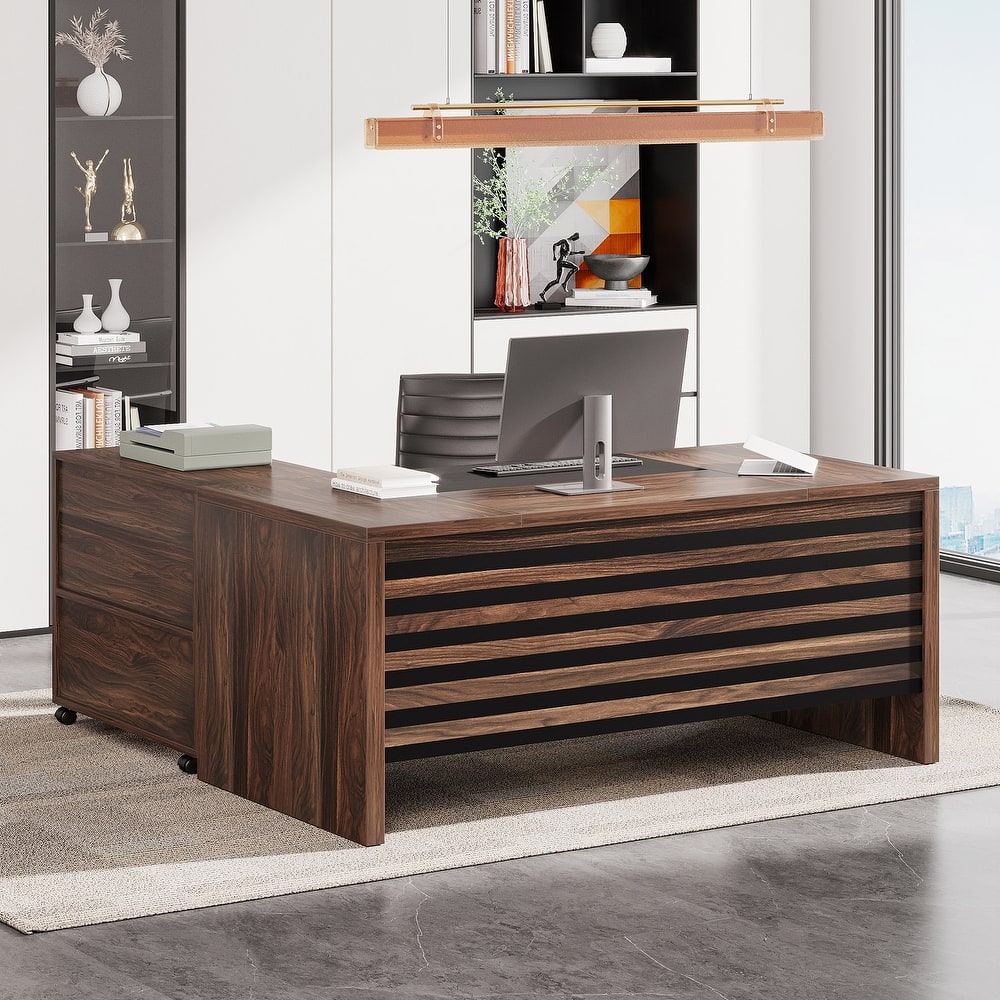 Large Executive Desk with Mobile File Cabinet, 62.2" L-Shaped Office Desk Business Workstation Set